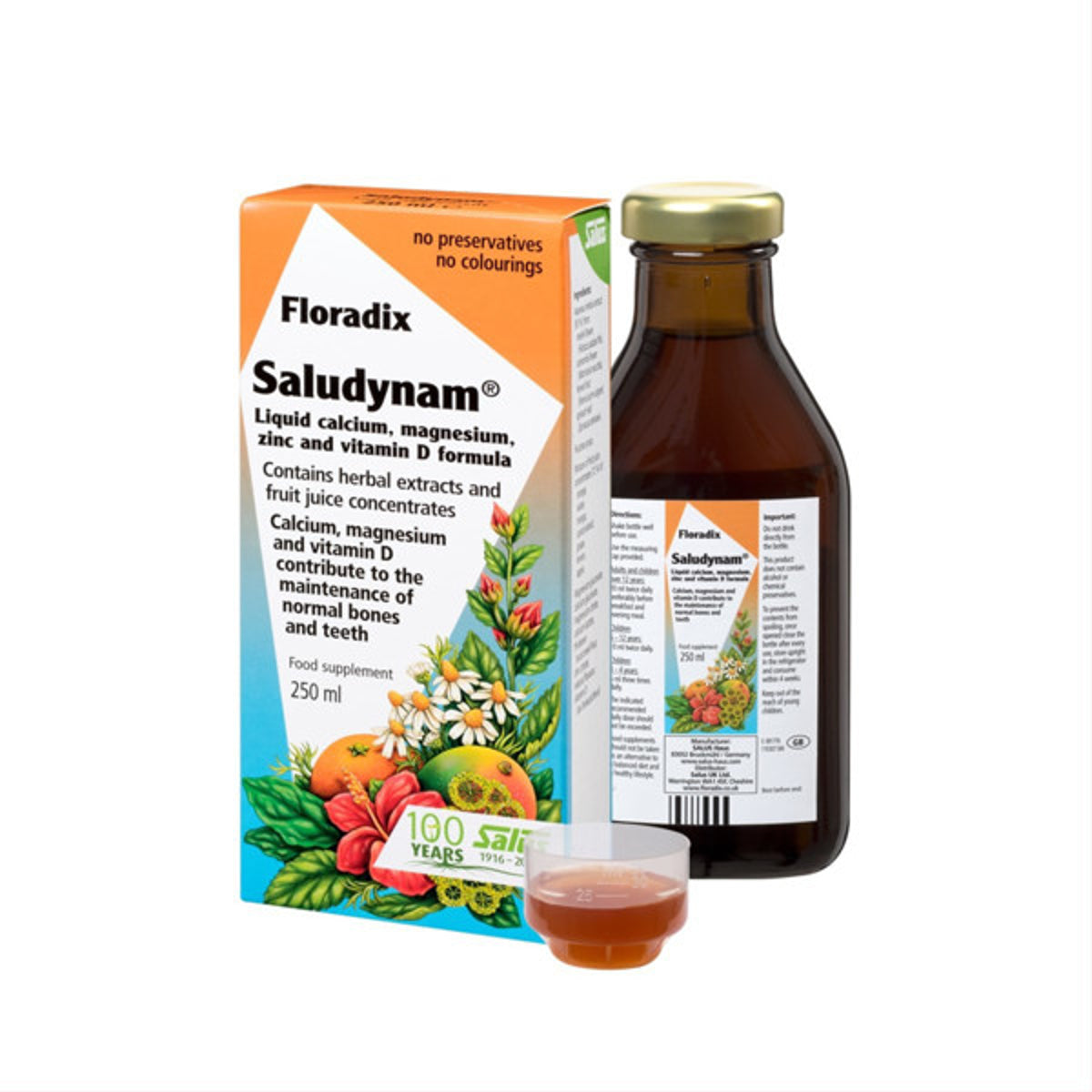 Floradix Saludynam (Ca + Mg + Zn + vitaminas D3) skystis, 250 ml