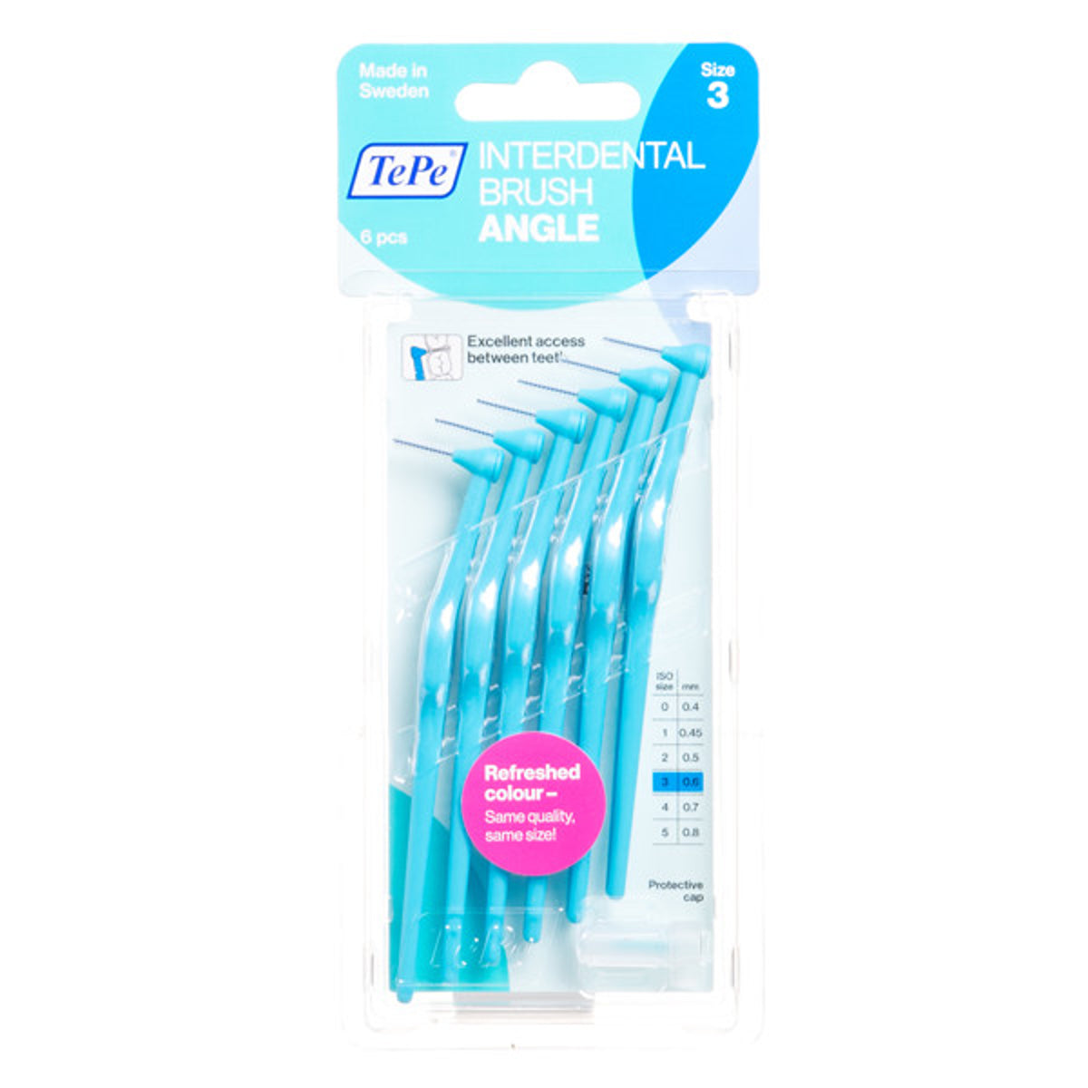 TePe Angle tarpdančių šepetėliai su ilga rankenėle, mėlyni, 0,6 mm, 6 vnt.