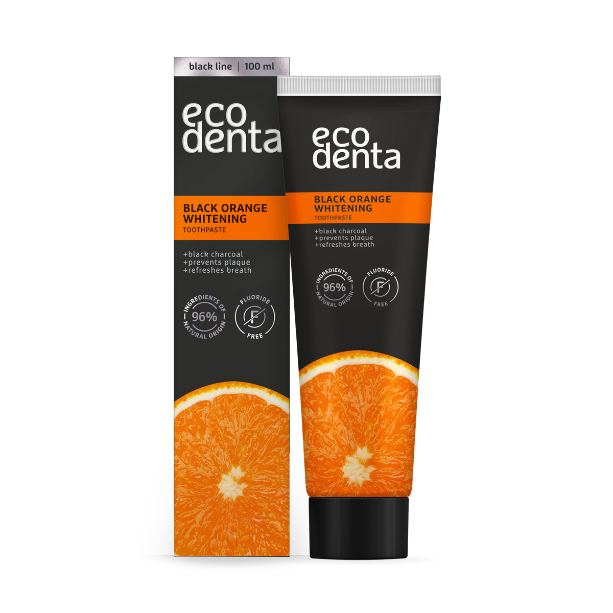 Ecodenta juoda balinamoji apelsinų skonio dantų pasta, 100 ml