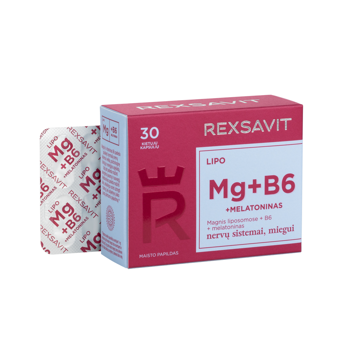 Rexsavit Lipo magnis + B6 + melatoninas, 30 kapsulių