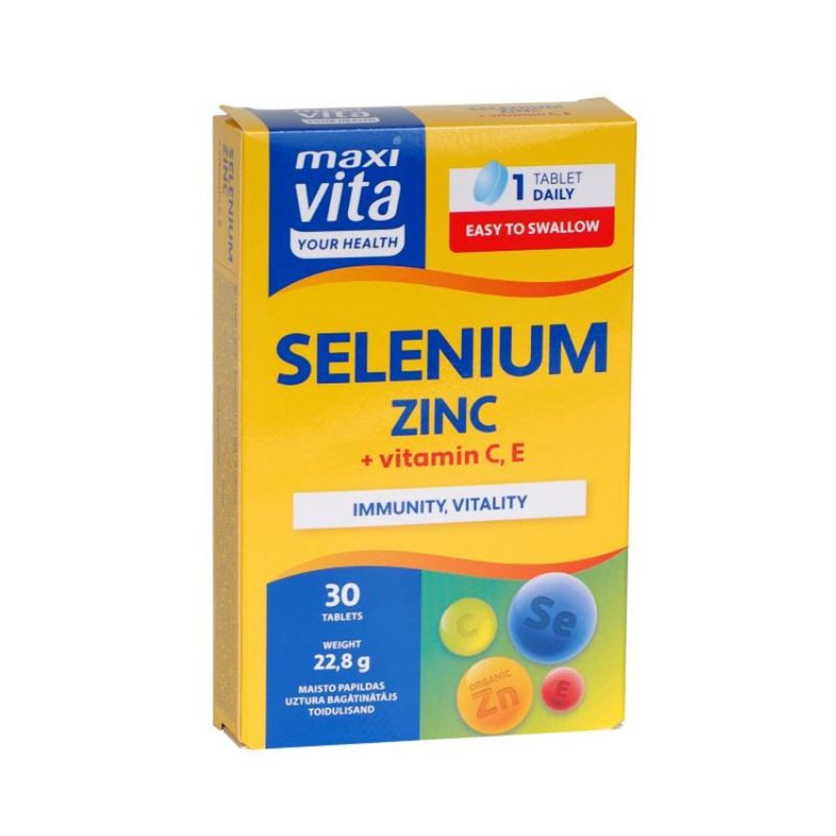 MaxiVita selenas + cinkas + vitaminai C ir E, 30 tablečių