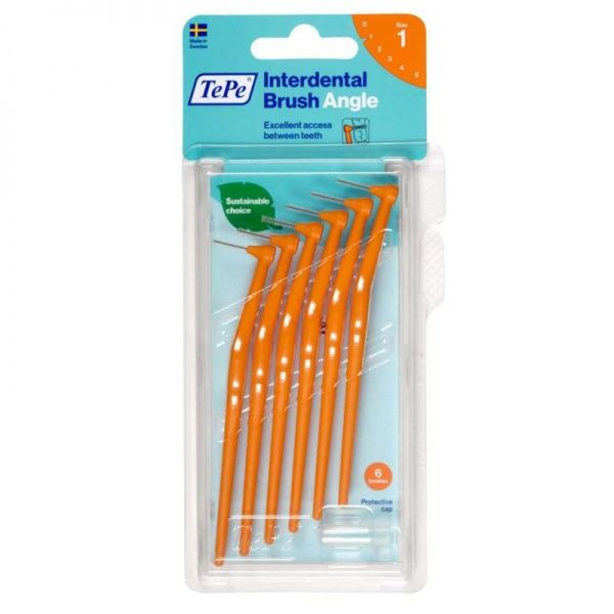 TePe Angle tarpdančių šepetėliai su ilga rankenėle, oranžiniai, 0,45 mm, 6 vnt.