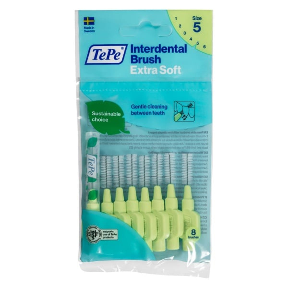 TePe Extra Soft tarpdančių šepetėliai, žali, 0,8 mm, 8 vnt.