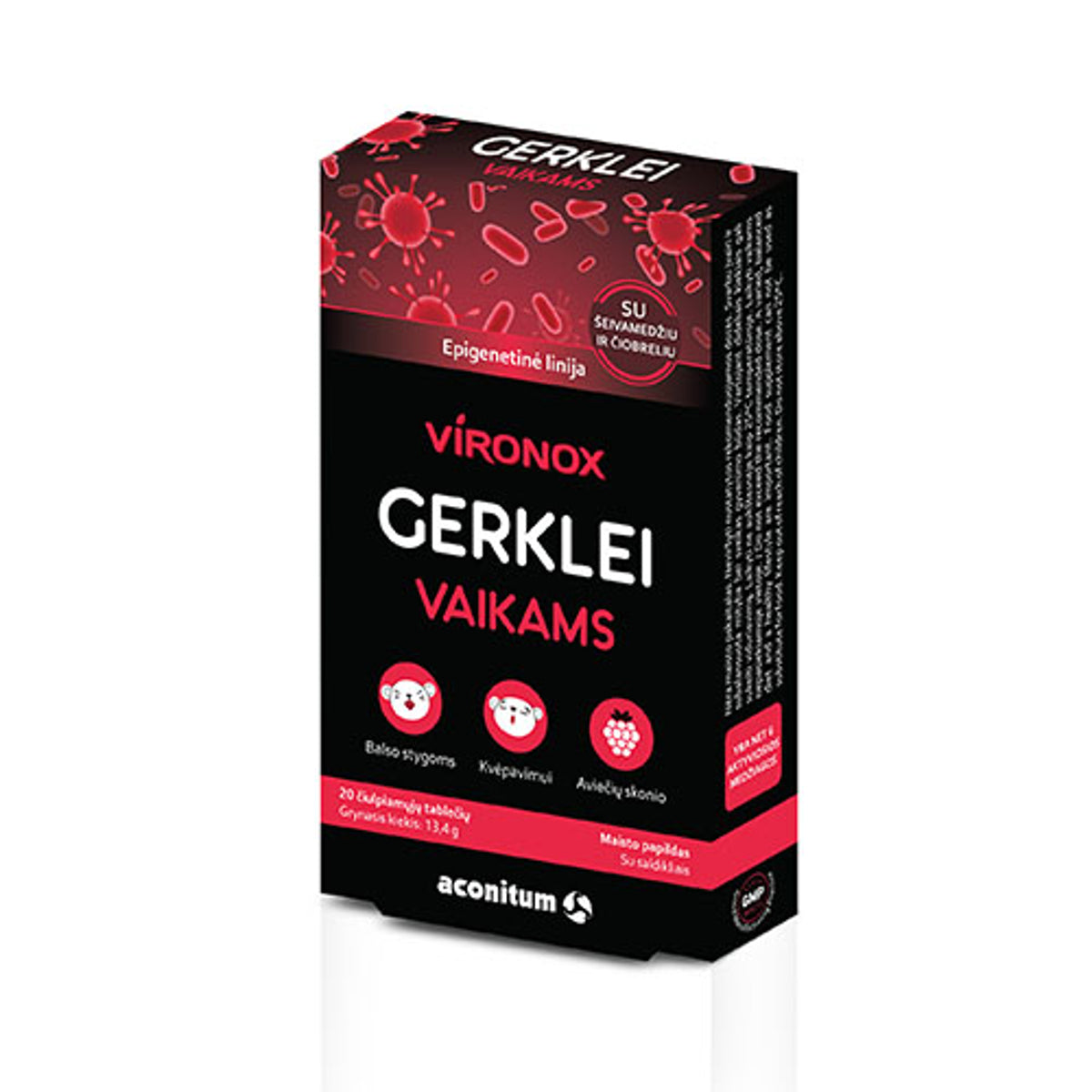 Aconitum Vironox gerklei vaikams, 20 čiulpiamųjų tablečių